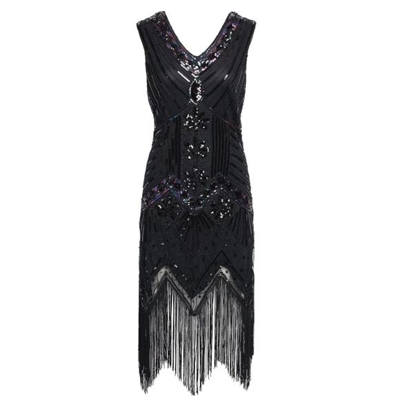 Jet Black glass beaded Fringe Flapper Dress - Picture 6 of 8